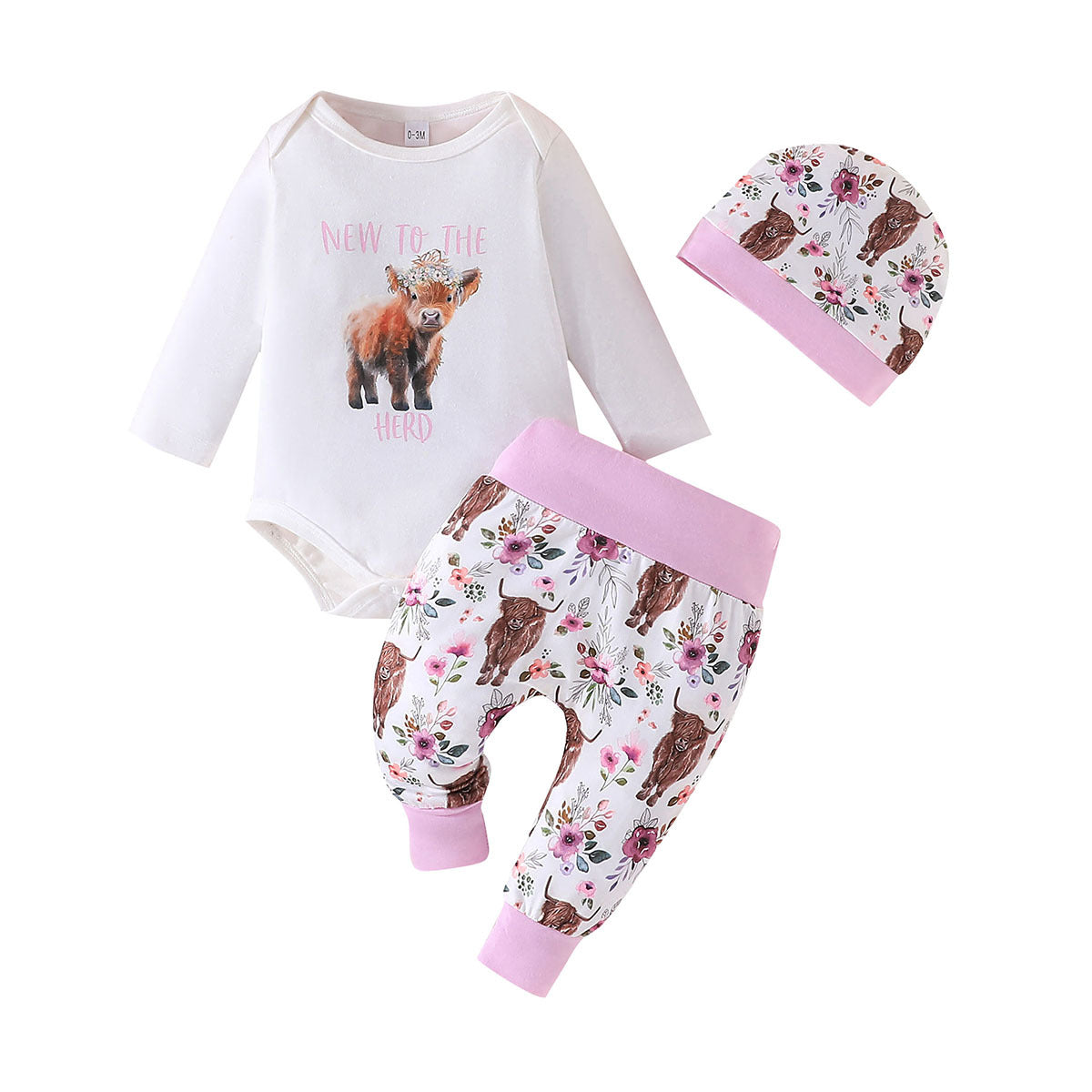 Autumn New Product Mori Simple And Lovely Niuniu Printed Clothes + Floral Trousers + Floral Round Hat Three-Piece Set