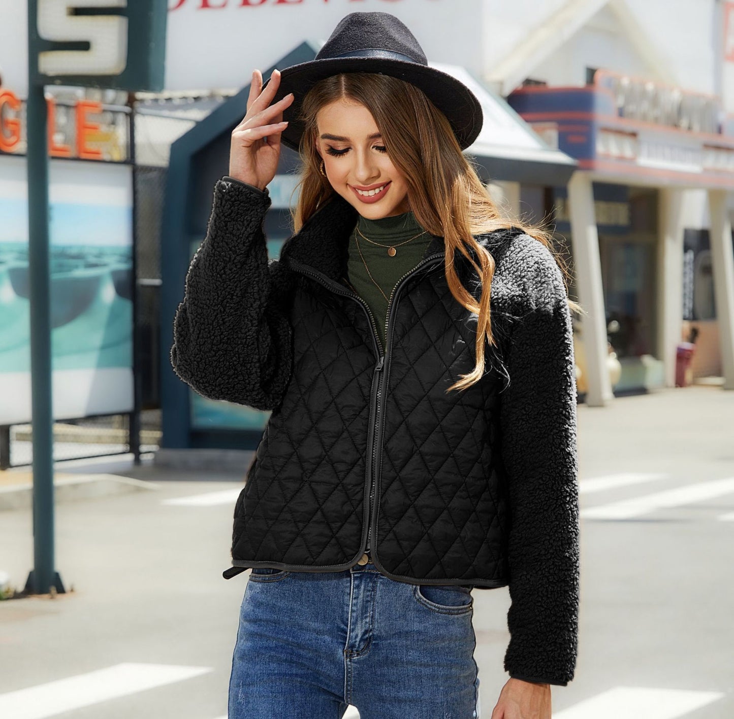 Glitter New Autumn And Winter Women's Cardigan Zipper Long Sleeve Plush Splicing Coat Women