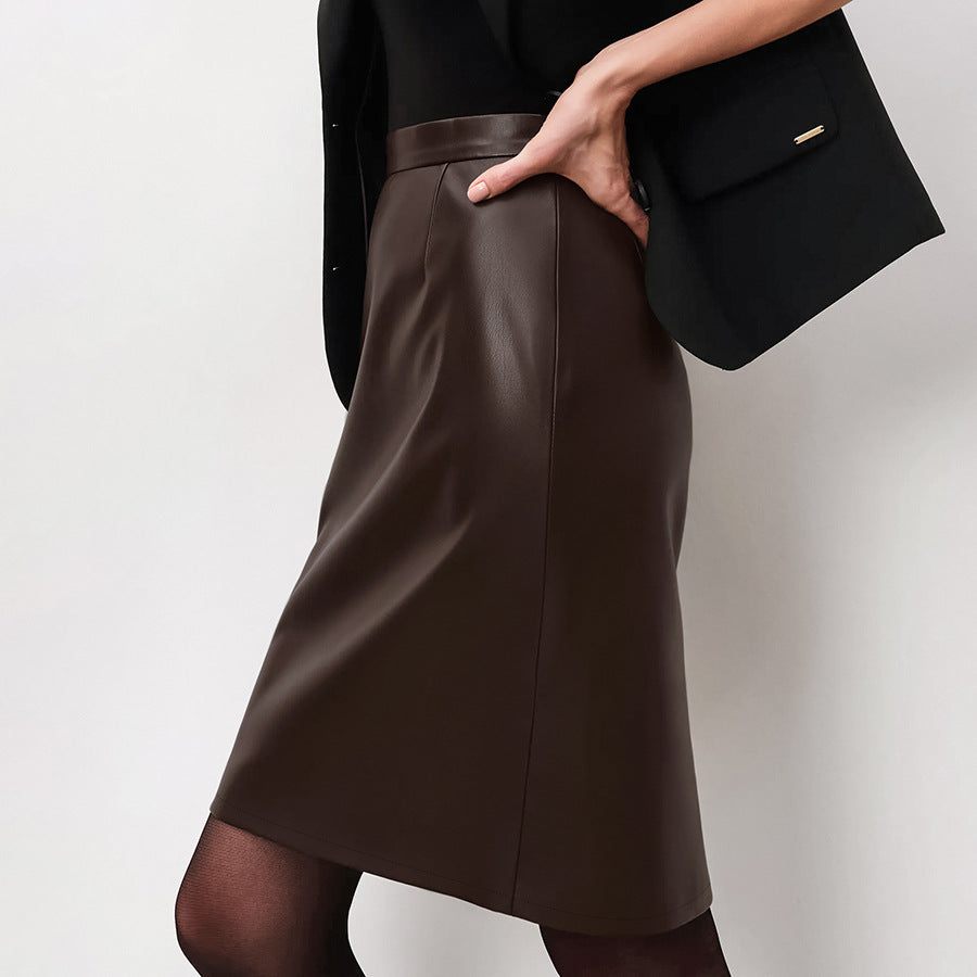 Add Fleece Leather All Casual High Waist Straight Skirt Skirt Brown Fashion Vintage Bag Hip Skirt