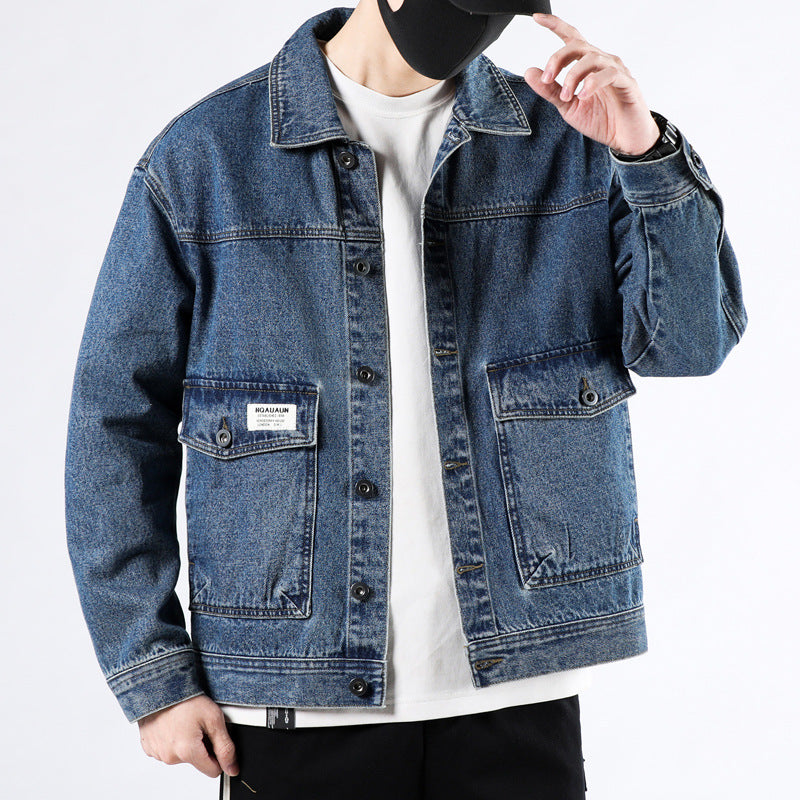 Heavy Denim Coat Male Spring And Autumn New Fashion Handsome Cargo Jacket Loose Large Size Washed Coat