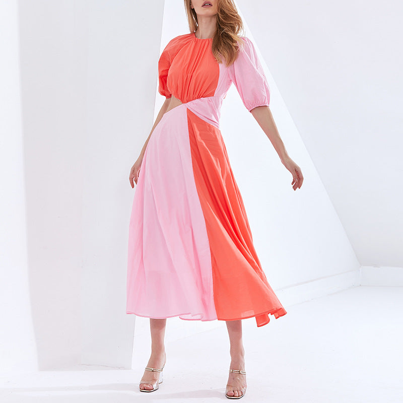 Fashion Spring New Fashion Temperament Sexy Waist-Contrasting Short-Sleeved Mid-Length Dress