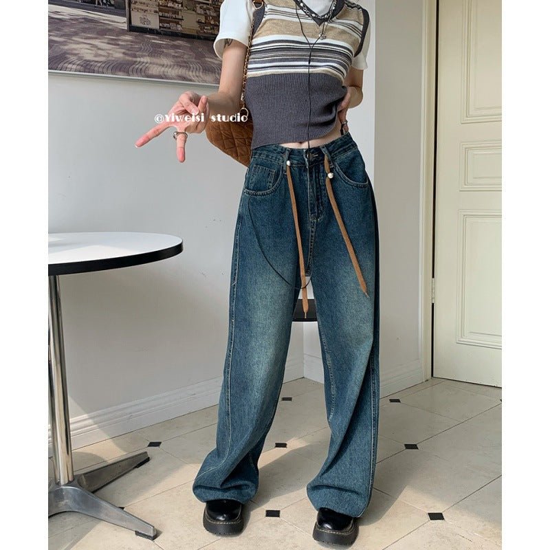 Real Autumn And Winter New Retro Retro Drawstring Cowboy Straight Barrel High Waist Wide Leg Mop Trousers