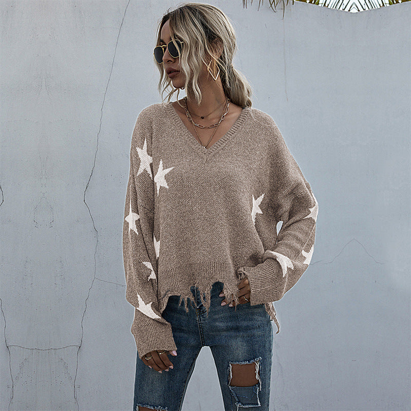 Women's Star Pattern V-Neck Fringe Knitted Sweater Autumn And Winter