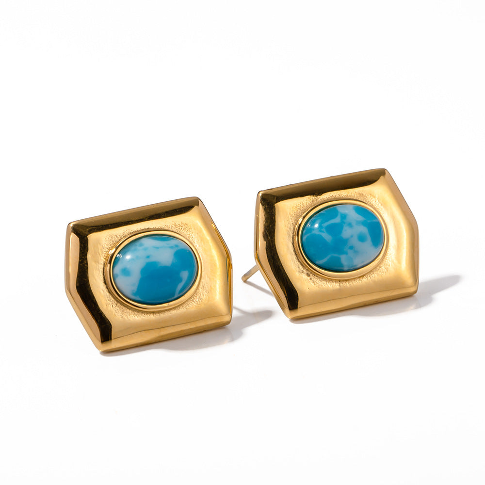 5pcs New Titanium Steel Earrings 18K Gold Stainless Steel Sea Stone Rectangular Earrings With Broad Face Set With Sea Pine Earrings
