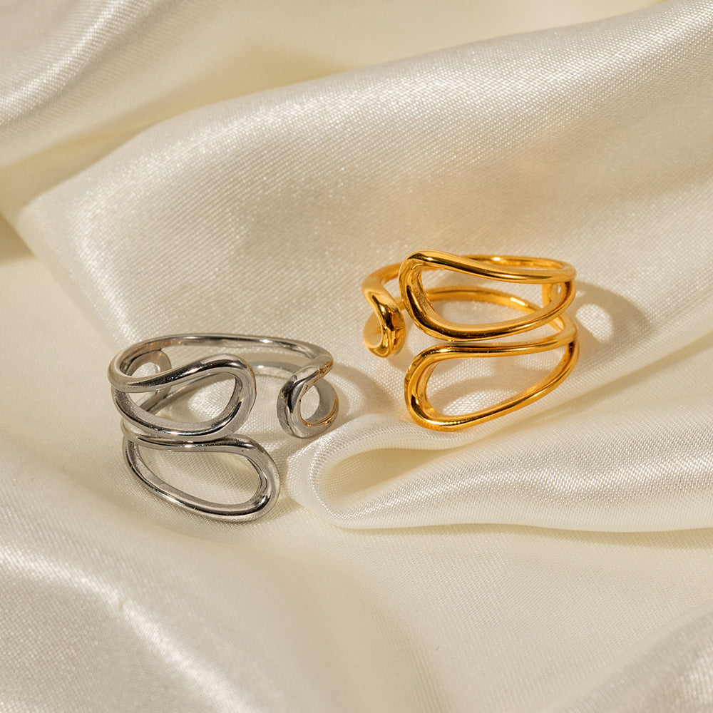 5pcs Niche Design Exaggerated Style 18K Gold Stainless Steel Advanced Staggered Sense Open Ring Does Not Fade Jewelry