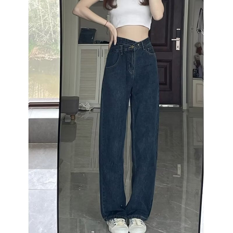 Blue Gray High Waist Wide Leg Jeans Women's New Autumn Cross Waist Small Loose Full Straight Leg Mop Pants