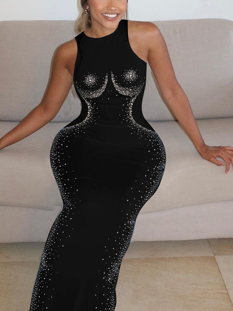 Vintage Female Skirt Hot Drill Dress Slim Sleeveless Round Neck Large Size Skirt High Waist Tight Wrap Hip Pencil Skirt