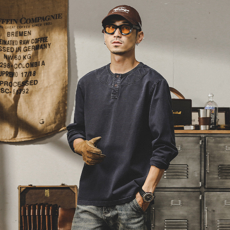 Retro Heavy Long-Sleeved T-Shirt Men's Spring And Autumn Loose Big Size Tough Guy Base Henry Shirt