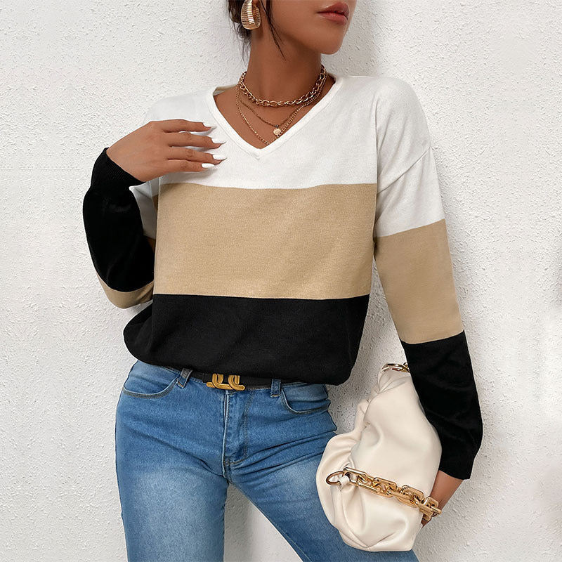Autumn Winter Loose Casual V-Neck Top Color Long-Sleeved Sweater Women