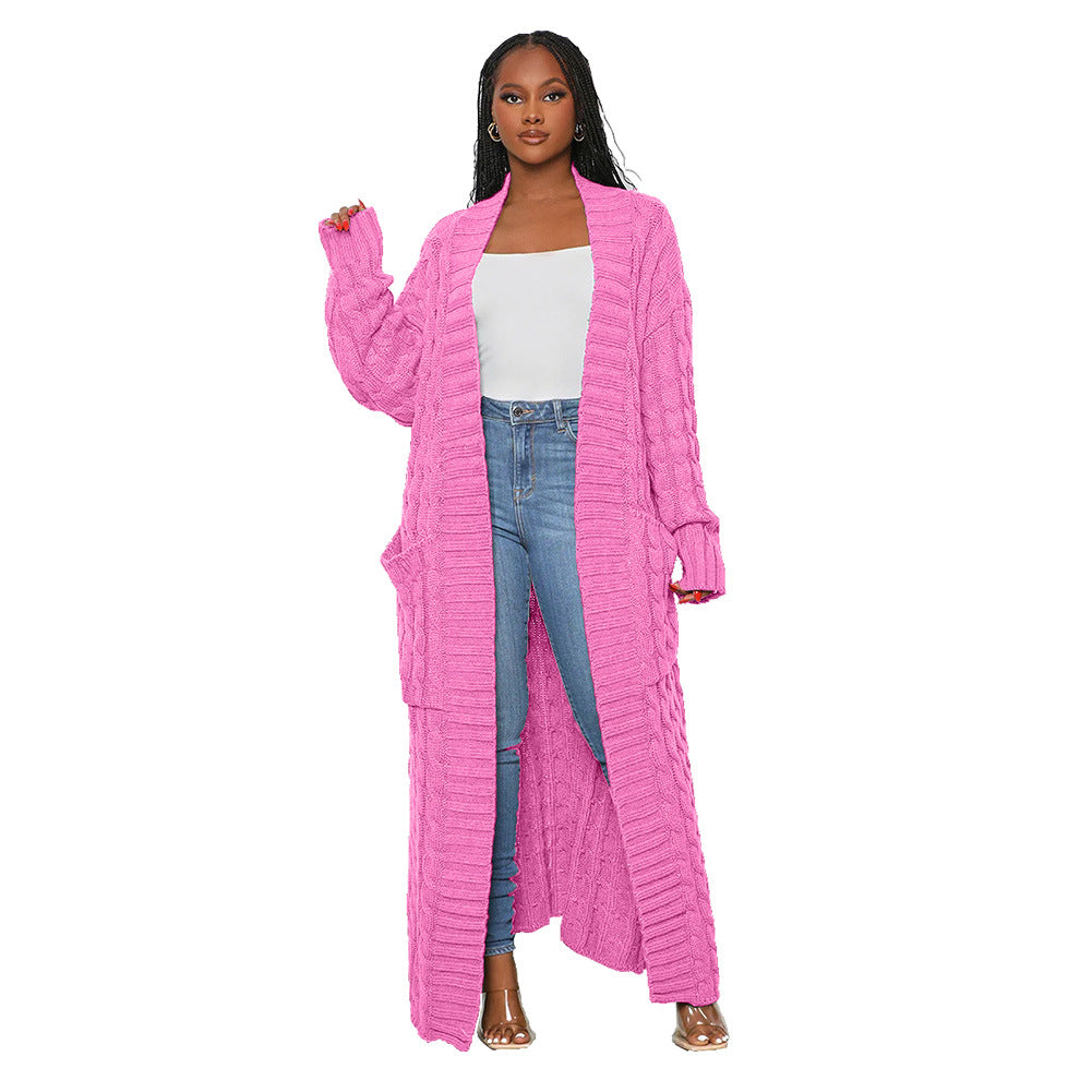 Women's Autumn And Winter New Loose Knit Cardigan Lazy Pocket Long Twist Sweater Coat