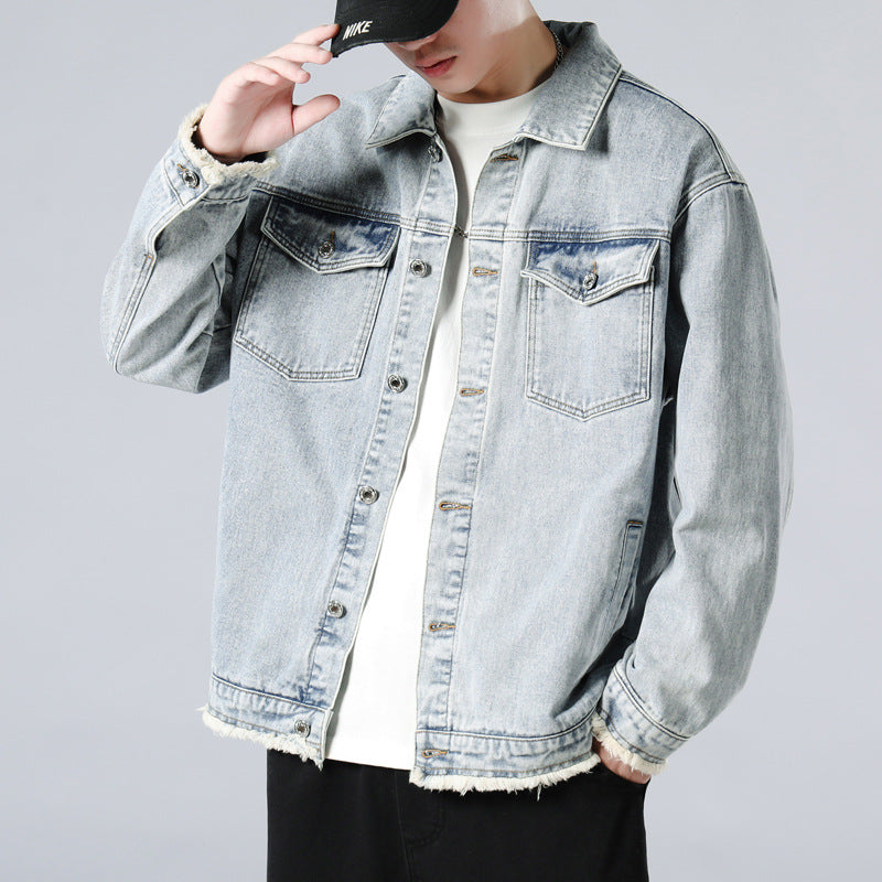 Heavy Denim Coat Male Spring And Autumn New Fashion Handsome Cargo Jacket Loose Large Size Washed Coat