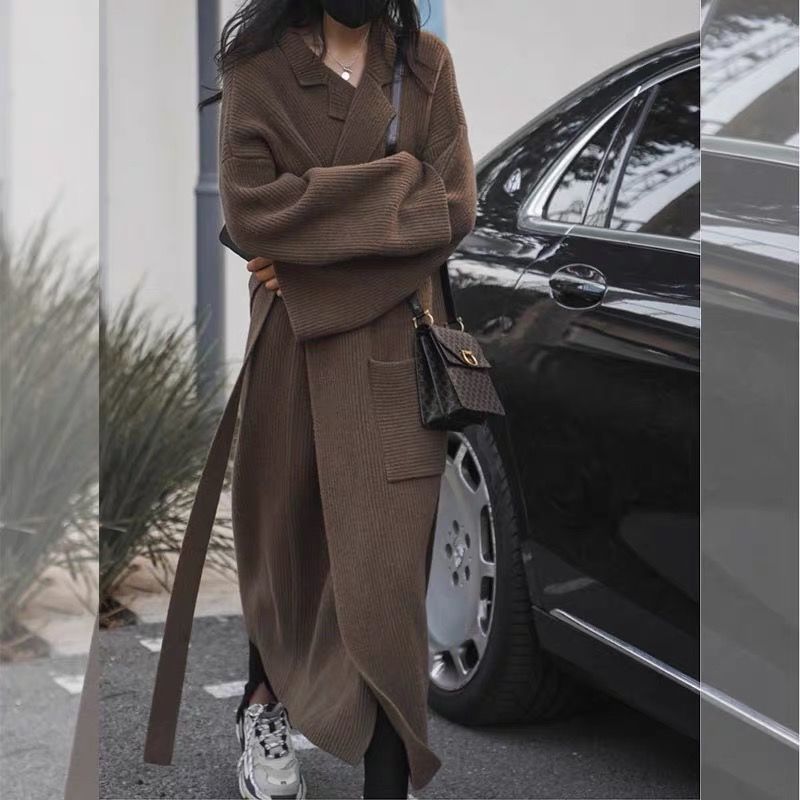 Style Suit Collar Knitted Cardigan New Autumn And Winter New Long Loose Sweater Large Size Coat