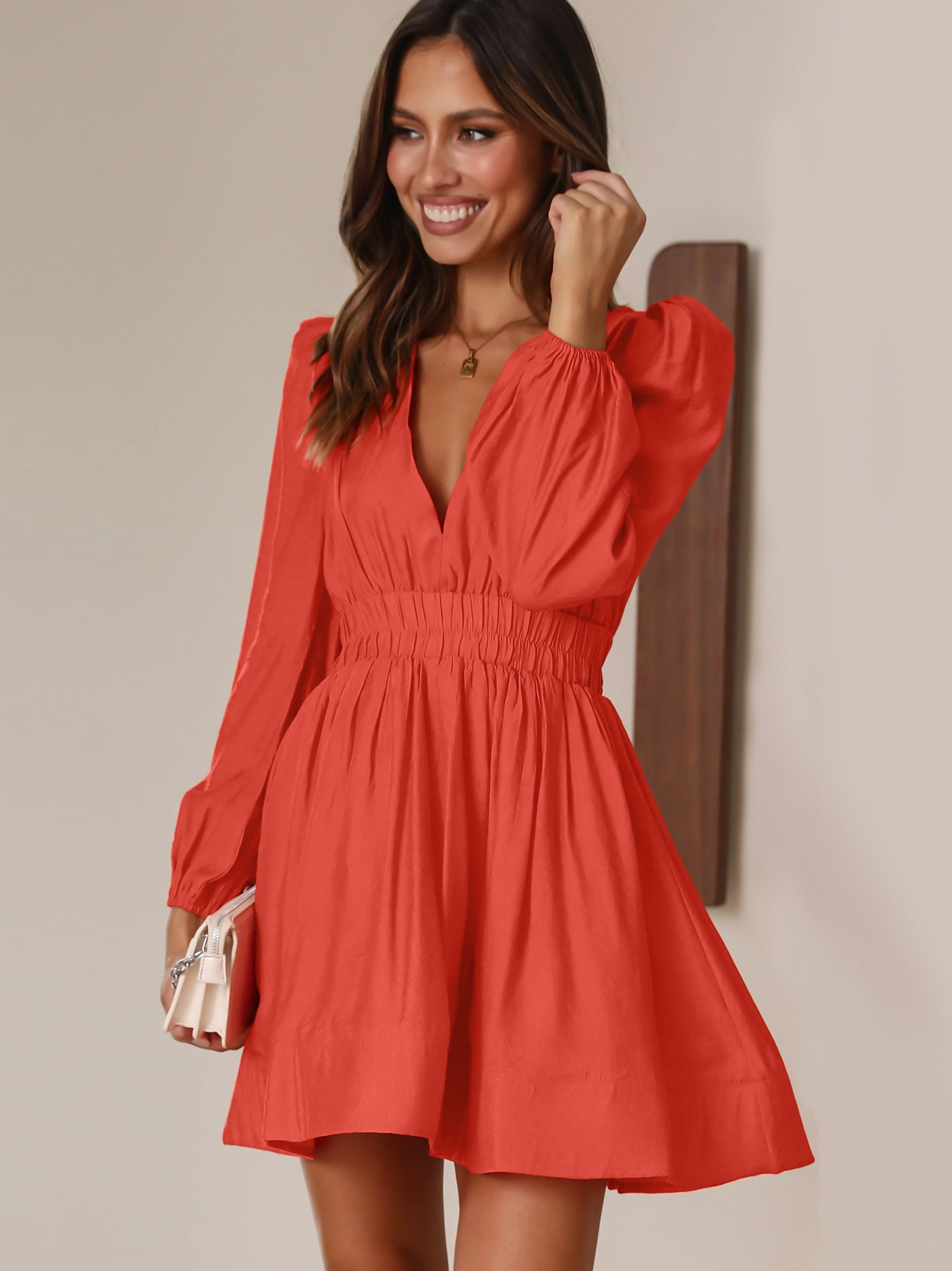 Fall Dress Women's V-Neck Skirt Pleated Skirt Peplum Skirt Dress