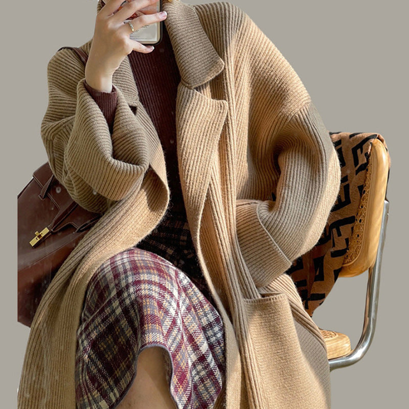 Style Suit Collar Knitted Cardigan New Autumn And Winter New Long Loose Sweater Large Size Coat
