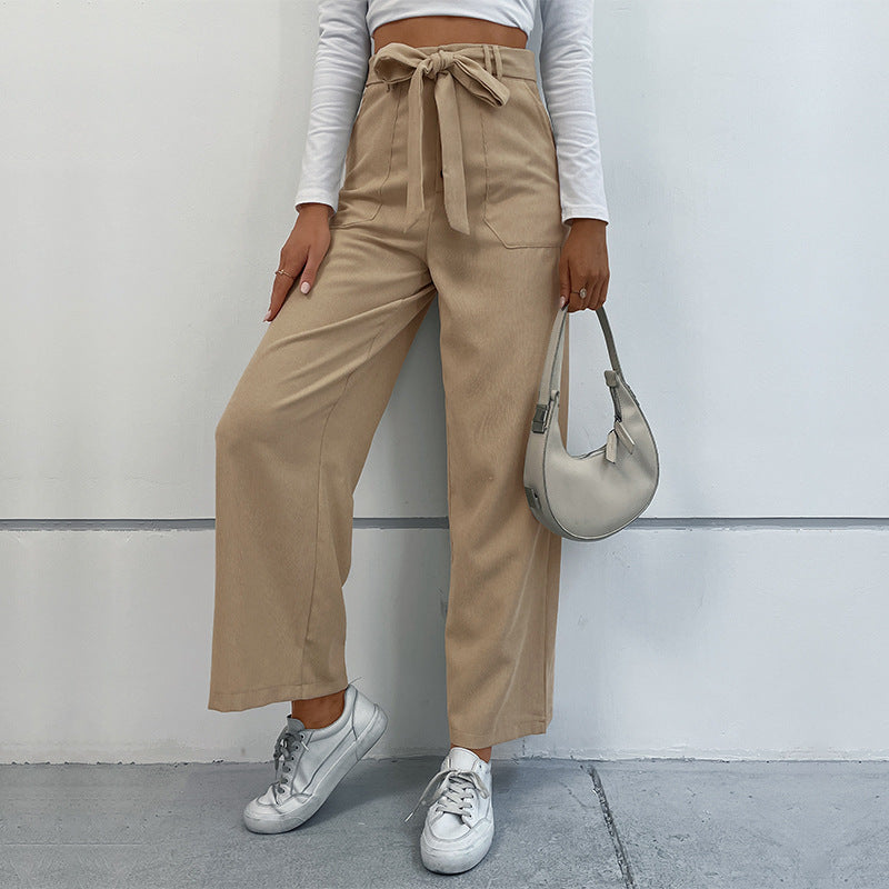 New Autumn Winter Leisure Corduroy Lace-Up Commuter Wind Wide-Leg Pants Women