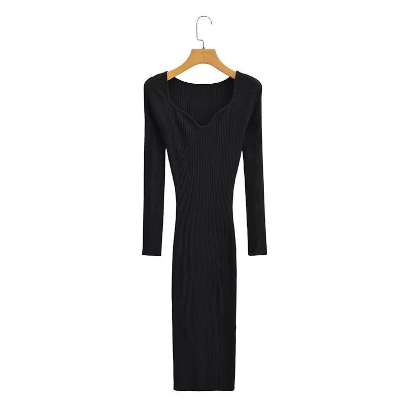 New V-Neck Slim-Fit Knit Dress For Women In Autumn And Winter With A Mid-Length Long-Sleeved Tight Bottom Wrap Hip Skirt