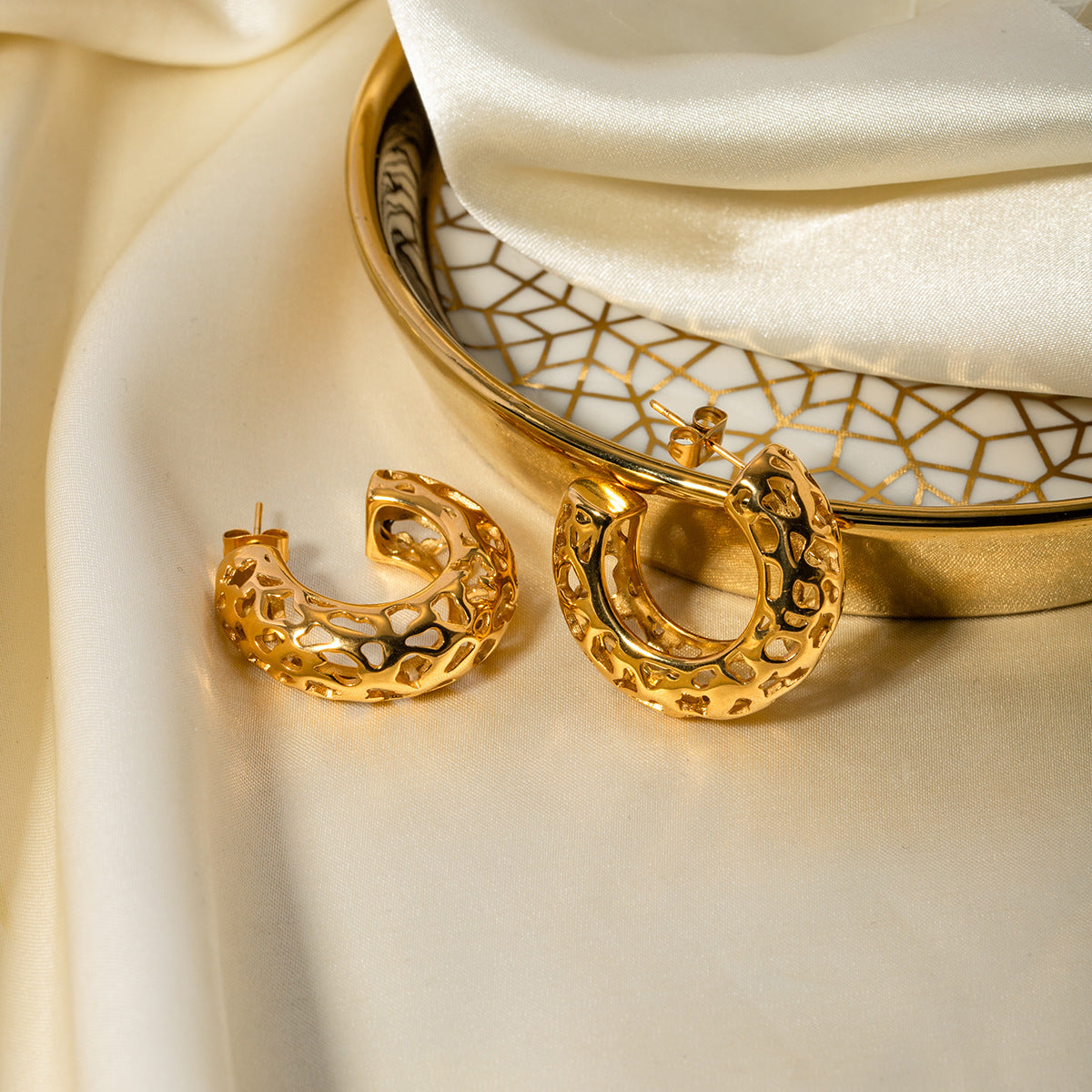 5pcs 18K Gold Stainless Steel Hollow-Out Large C-Shaped Earrings Jewelry