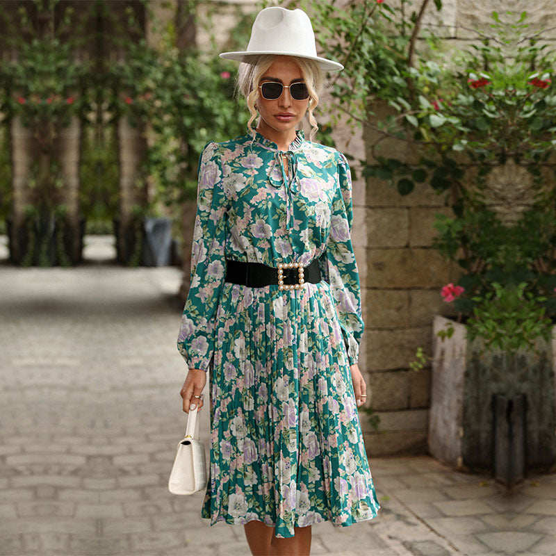 Style Women's Pleated Round Collar Printed Long-Sleeved Vintage Dress