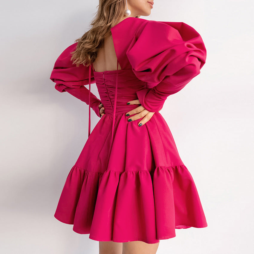 Autumn And Winter Princess Dress Color Square Collar Puffy Sleeve Dress Pompadour Dress Cake Dress Women's Dress