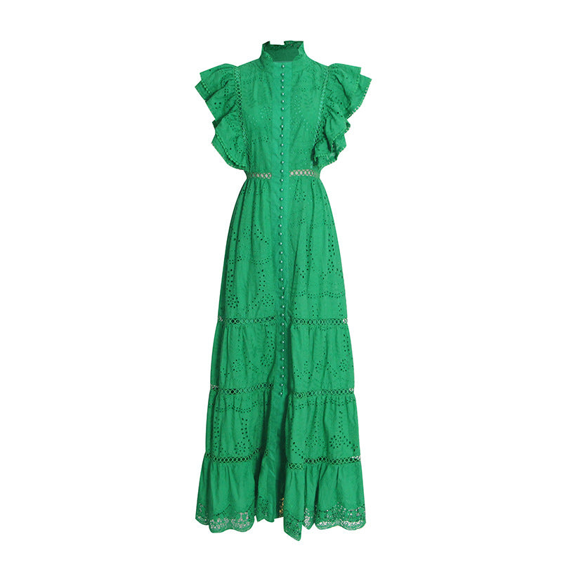 Fashion Solid Color Long Dress Spring New Fashion High-Neck Sleeveless Hollow Embroidery Dress