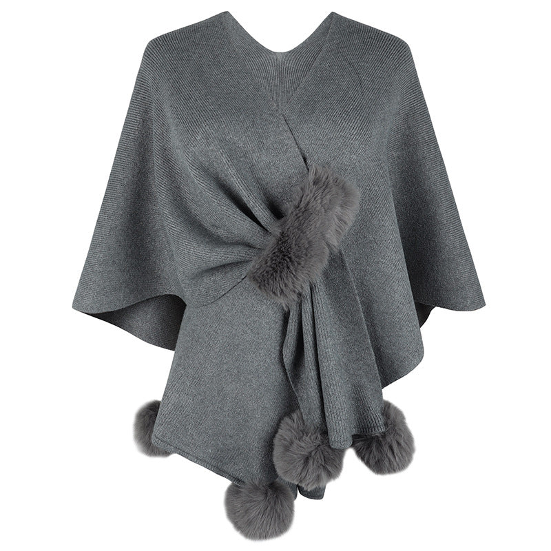 Drizzle Solid Color Fur Ball Cloak Sweater For Women New Autumn And Winter New Women Shawl Knitted Cardigan