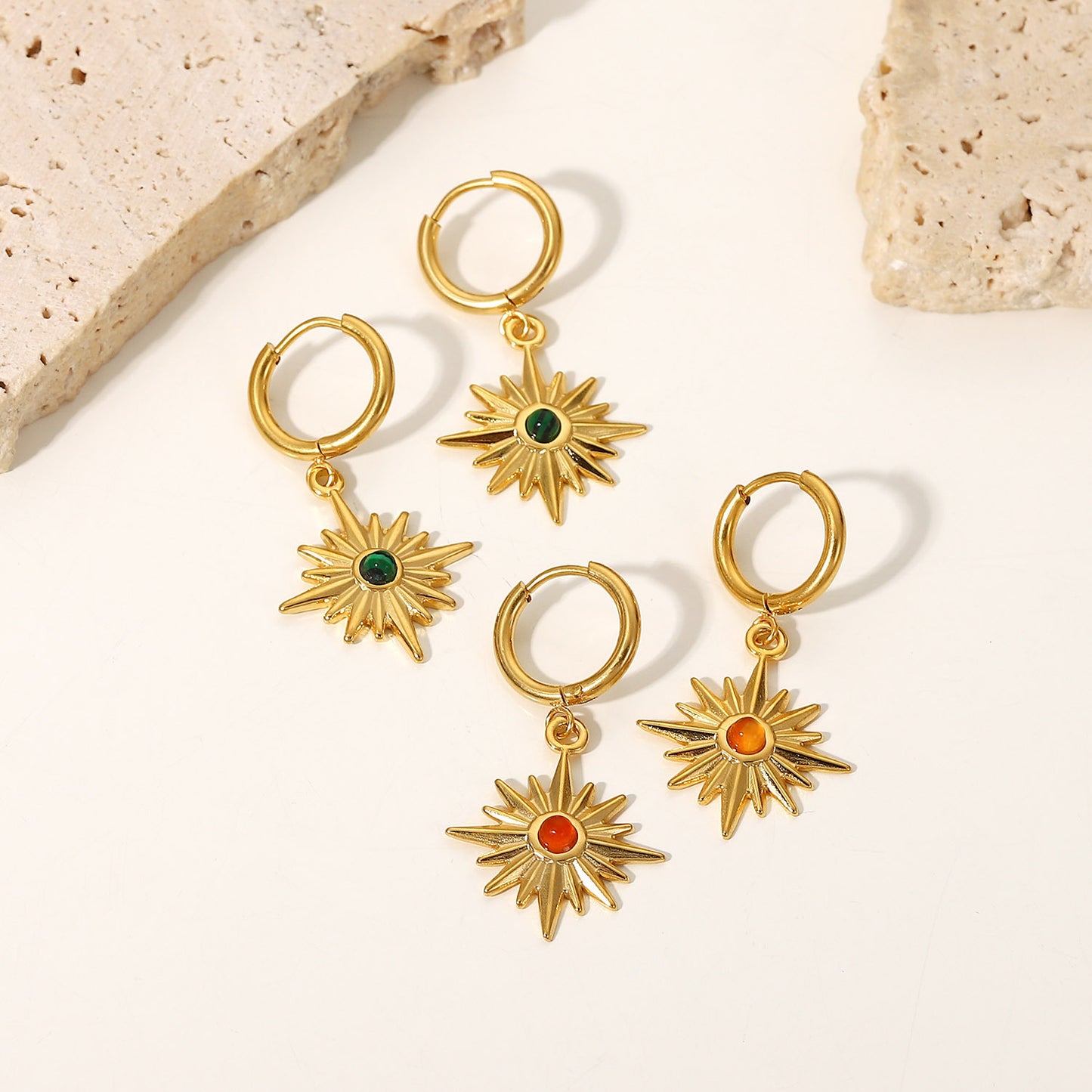 5pcs 18K Gold Plated Stainless Steel Earrings Jewelry Natural Stone Octet Star Pendant Ring Earrings For Women Jewelry