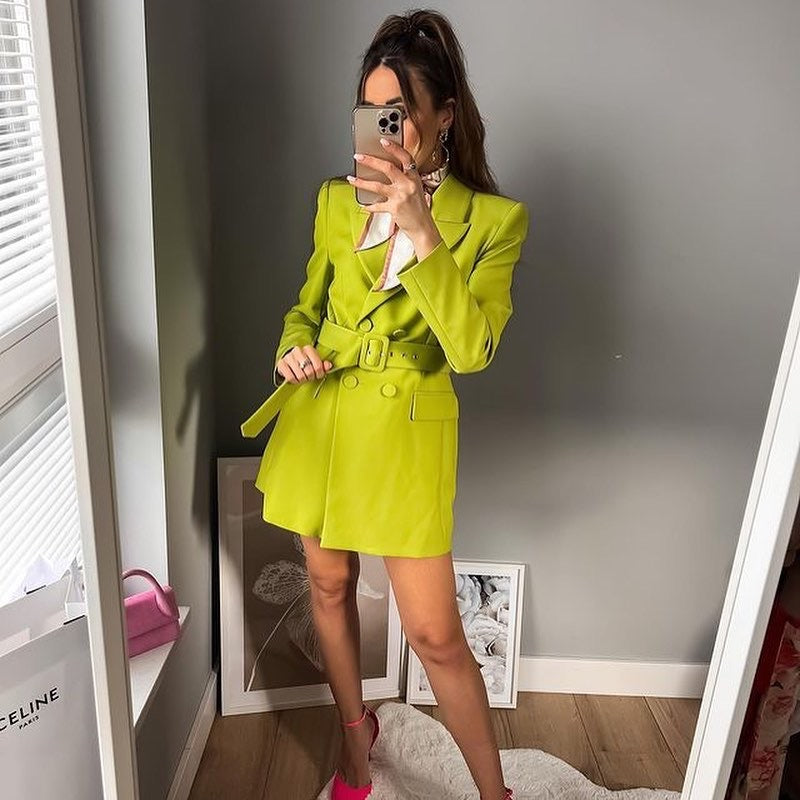 Spring Women's Casual Dress With Belt Suit Jacket