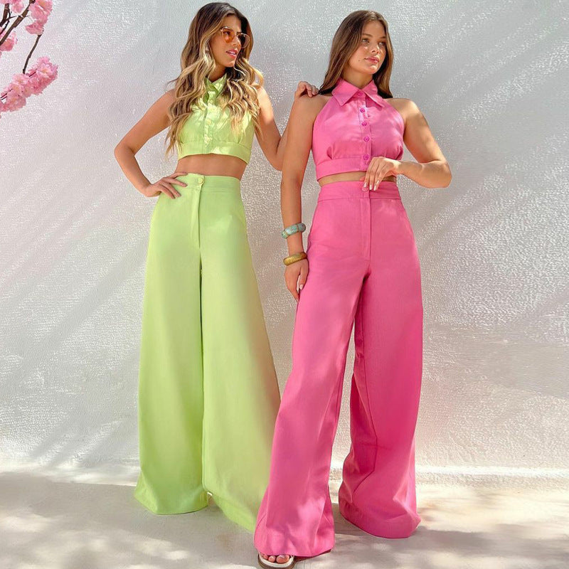 Women's Summer Sleeveless Sexy Halter Top Loose Wide Leg Trousers Two-Piece Set