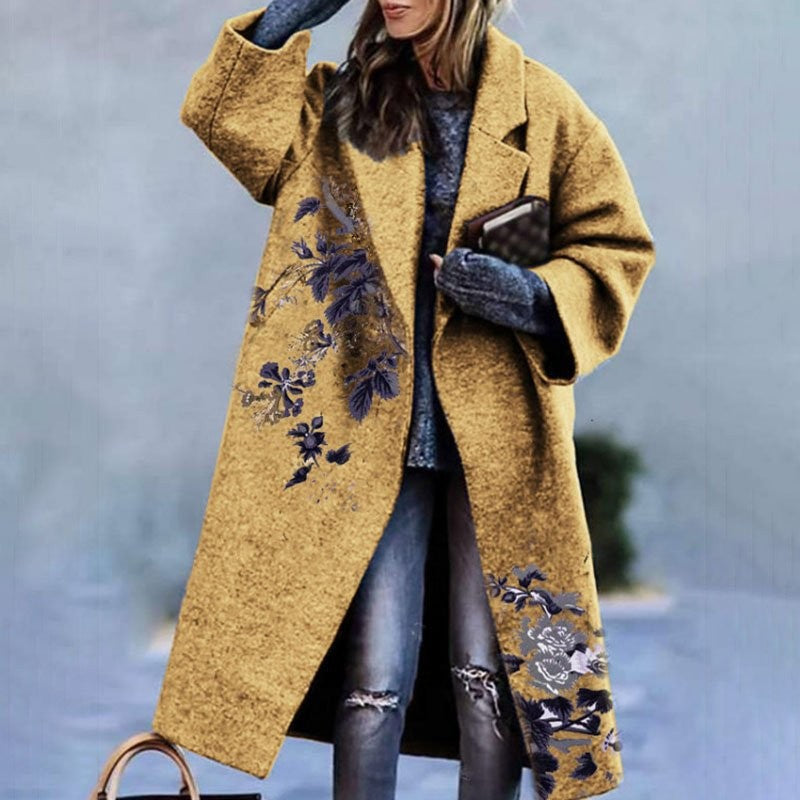 New Autumn Women's Long Sleeve Lapel Coat Printed Wool Long Coat