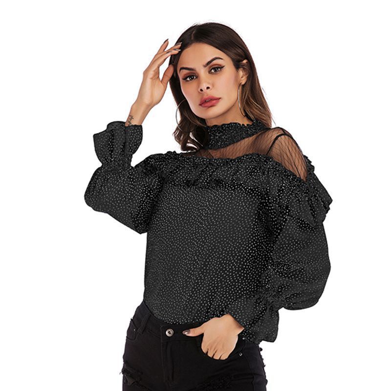 Chiffon Polka Dot Women's Top Autumn New Trumpet Sleeve Mesh Stitching Ruffled Edge