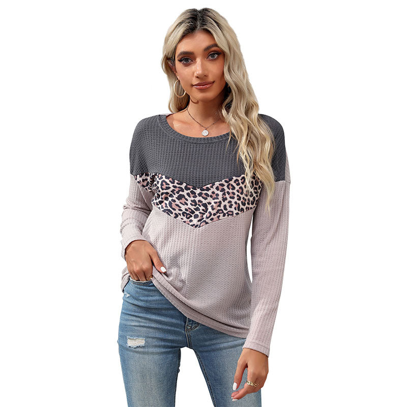 New Autumn Fashion Leopard Print Matching Color Sweater Long Sleeve Casual Blouse Women