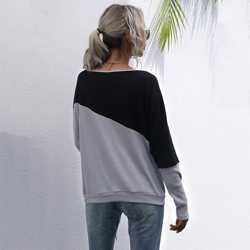 Fashion Women's Long-Sleeved Sweater Color Matching Loose Off-The-Shoulder Shoulder
