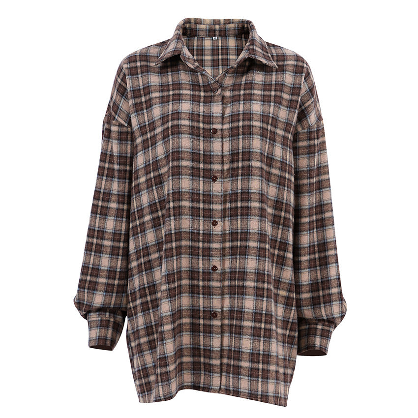 Autumn American Vintage Plaid Shirt Women's Long Design With A Loose Base Plaid Shirt