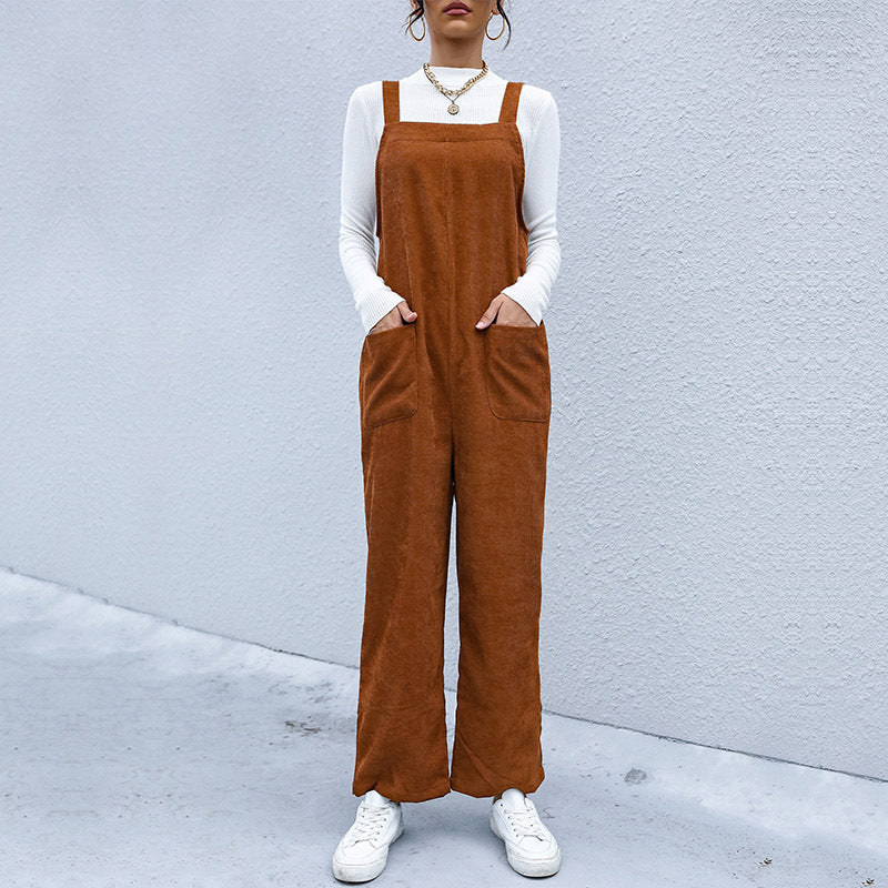 Autumn New Women's Fashion Brown Loose Corduroy Suspenders