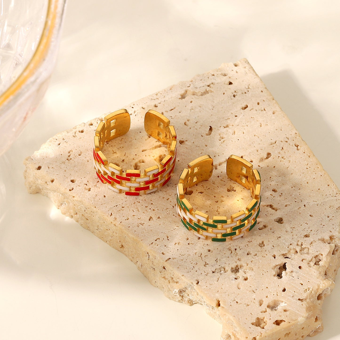 5pcs 18K Gold Adjustable Jeweled Open Ring Red White/Green White Interval Drop Oil Woven Zipper Chain Enamel Ring Lady