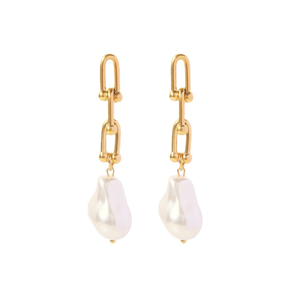 5pcs New 18K Gold Plated Stainless Steel Profiled Imitation Pearl Pendant Earrings Anti-Allergy Temperament Chain Earrings