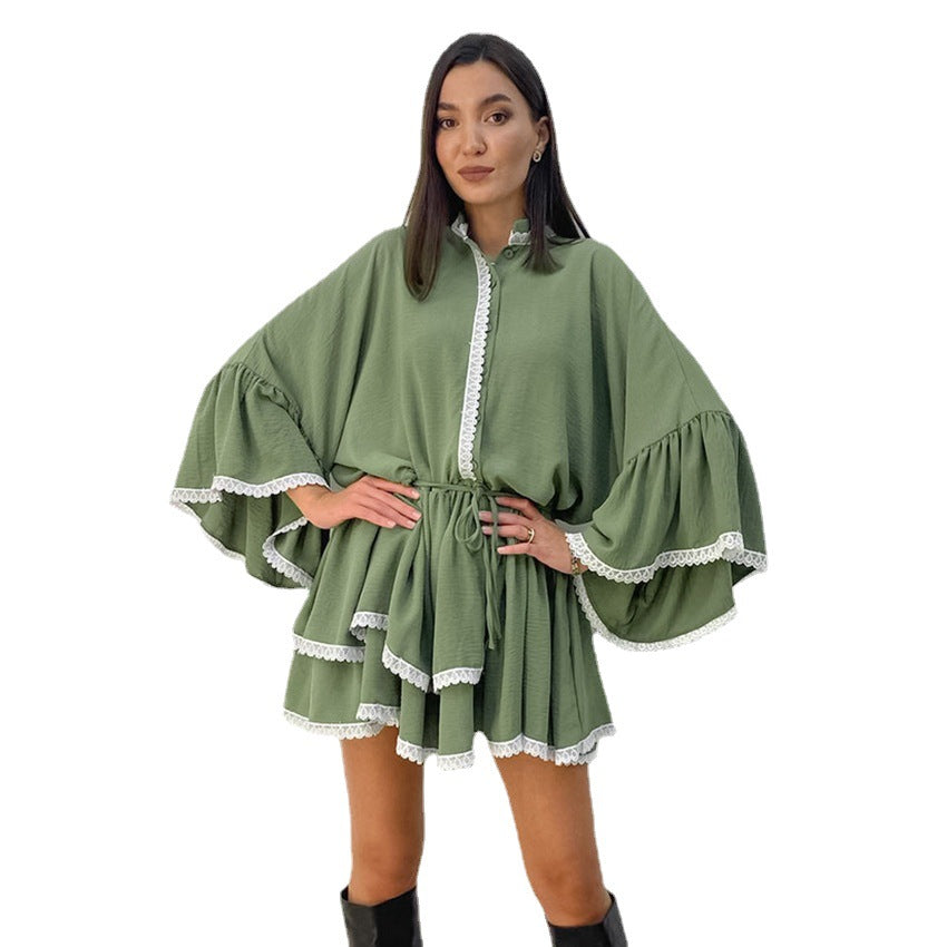 Spring Women's Dress Black Lace Lace Cake Dress Temperament 100 With Flared Sleeves Dress Women Loose