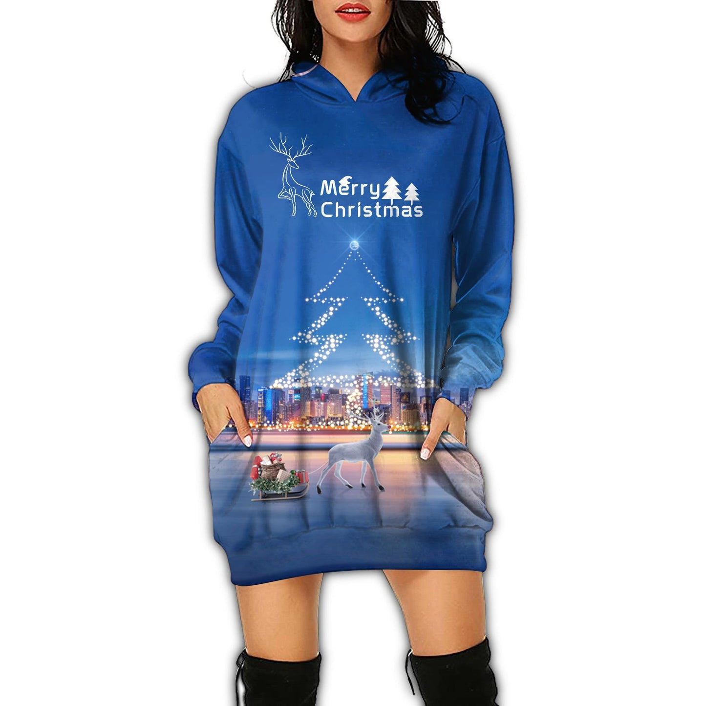 Autumn Women's Print Casual Long-Sleeved Hoodie Dress Christmas Holiday Party Dress