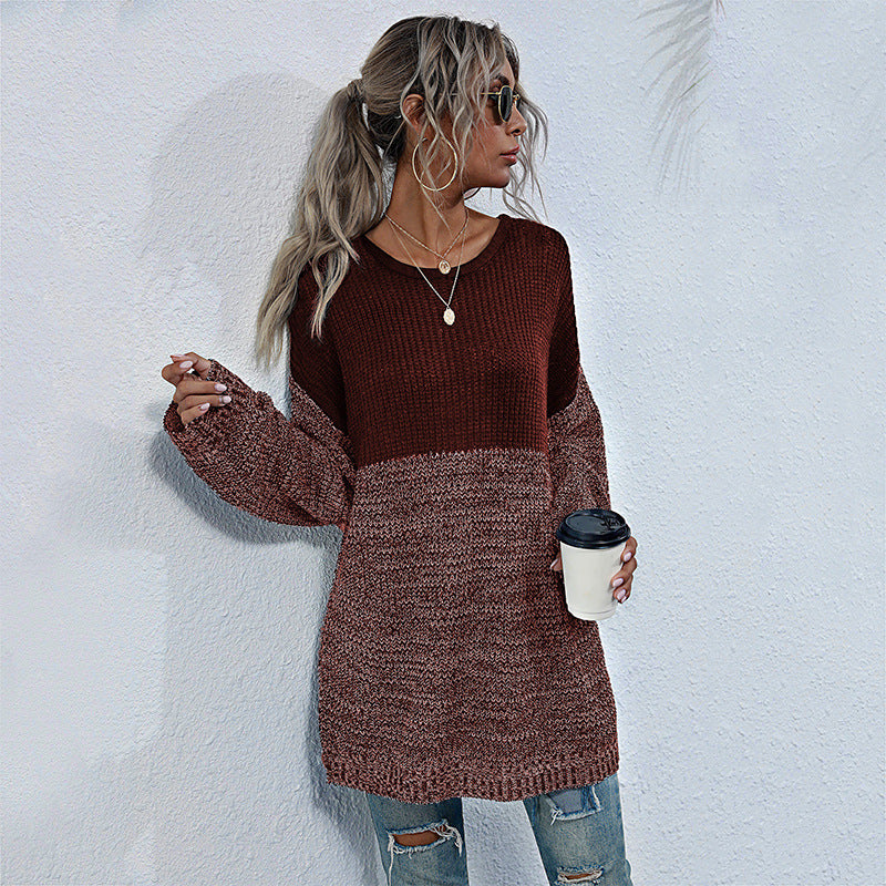 Color Contrast Round Neck Long Sleeve Knitted Sweater - Women's Medium-Length Fashion
