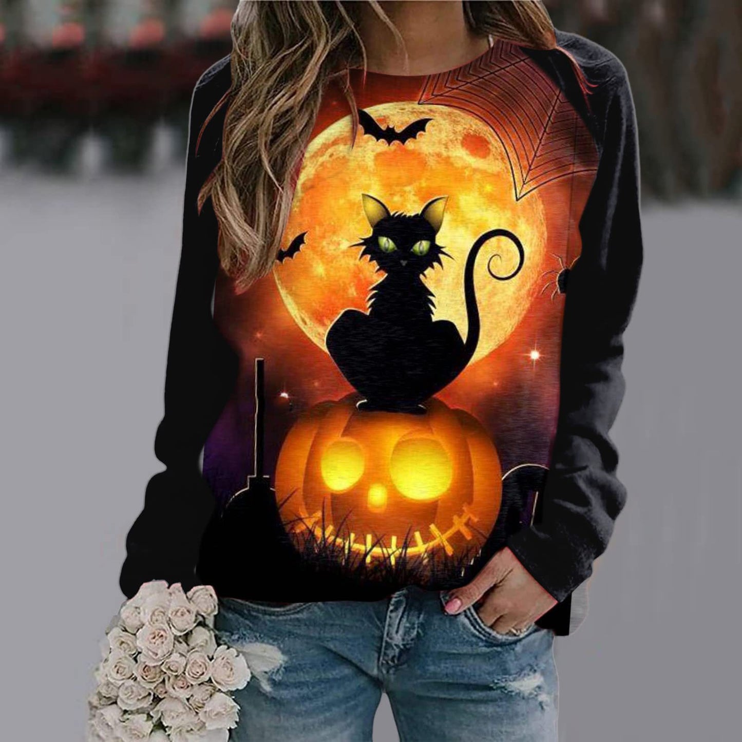 New Women's Halloween Christmas Women's Clothing 3D Three-Dimensional Printed Castle Dark Round Neck Hoodie