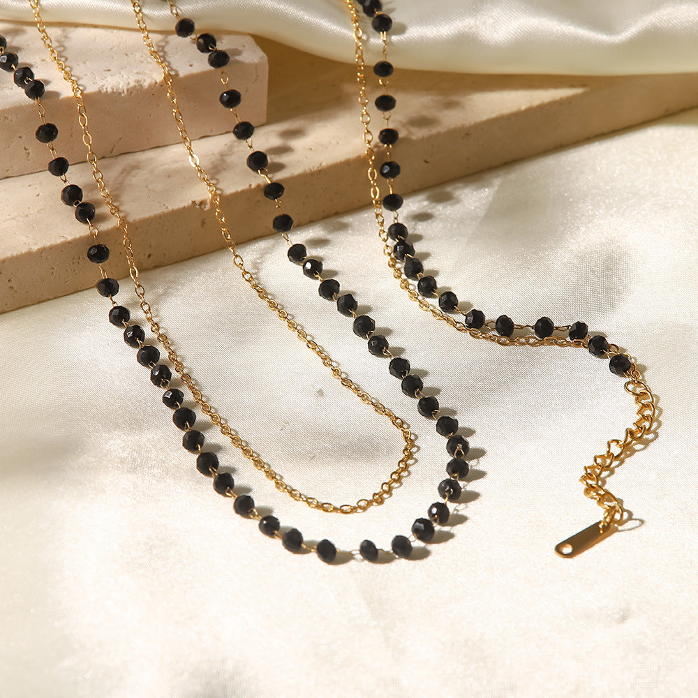 5pcs Bohemian Style Stainless Steel Black Bead Glass Stone Double Necklace Black Glass Sliced Bead Necklace Women's Jewelry