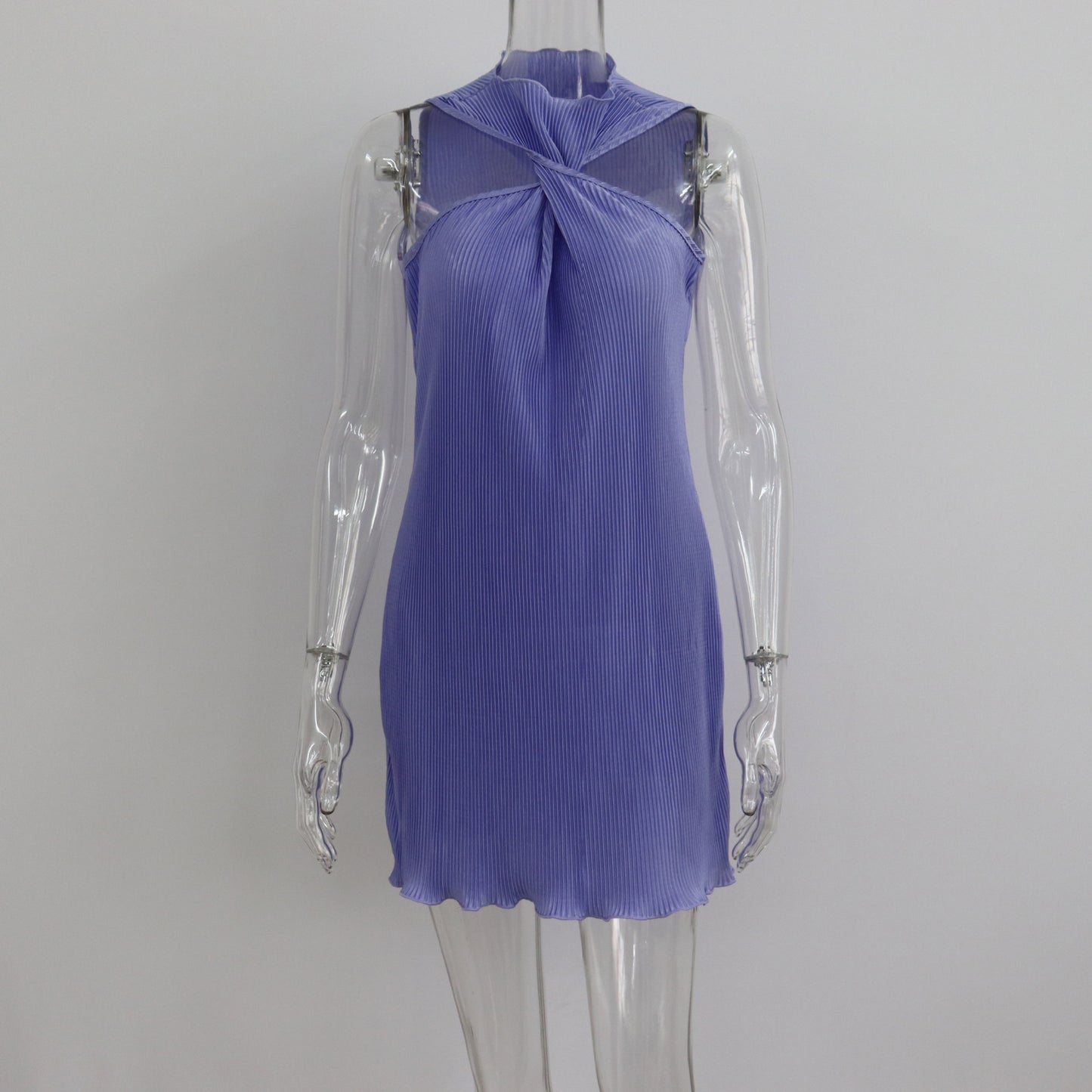 Y2K Wind Round Neck Knot Off-Shoulder Short Skirt Women's Summer New Pleated Sexy Dress