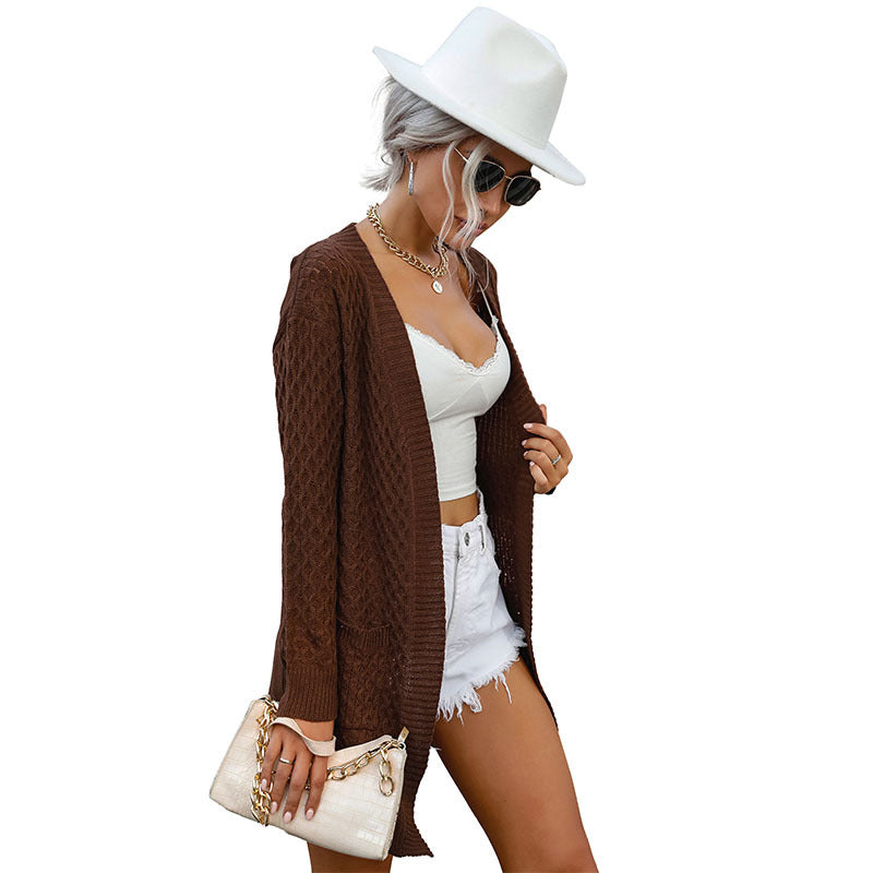 New Fashion Women's Solid Color Long Long-Sleeved Sweater Cardigan