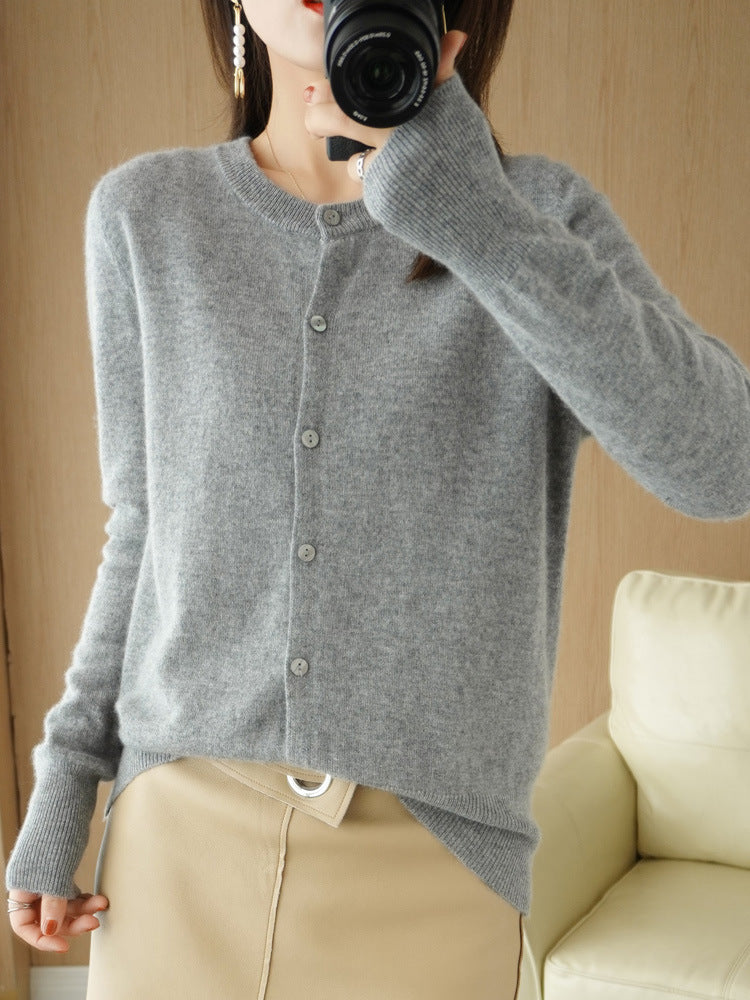 100 All-Wool Sweater Women's Knitted Crewneck Cardigan Casual Everyday Slimming Spring Cashmere