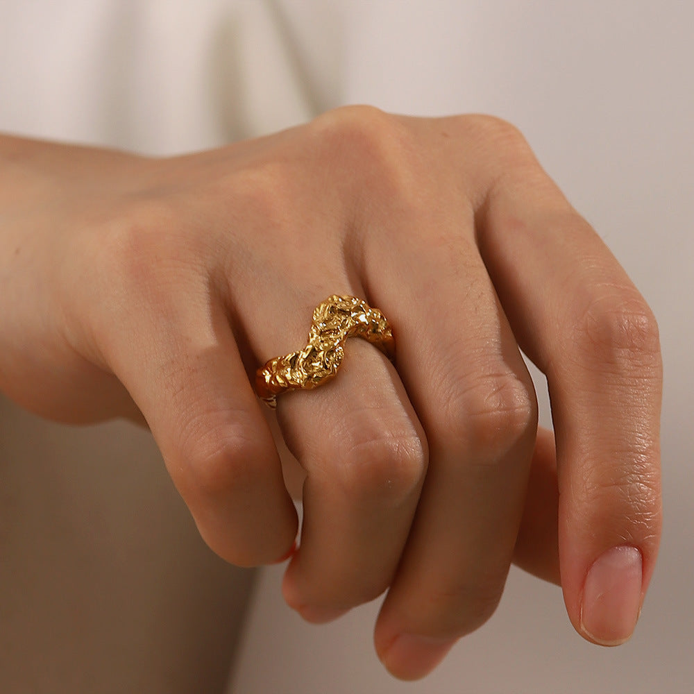 5pcs Stylish Titanium Punk V-Shaped Hammer Ring 18K Gold Plated Stainless Steel Irregular Ring Jewelry For Women