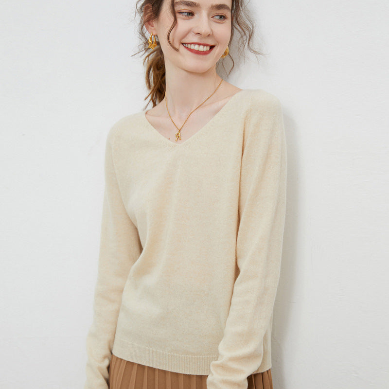 Women's 100 Wool Base Sweater V-Neck Knitted Loose Cashmere Sweater Slimming Autumn And Winter Top
