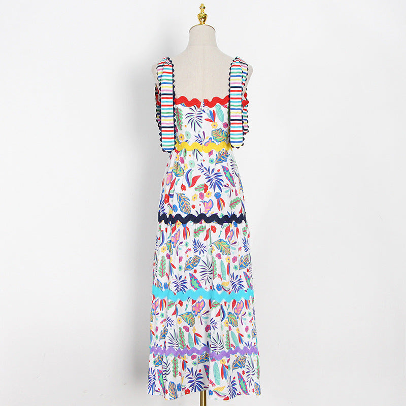 Spring New Fashion Temperament Printed Halter High Waist Slimming Big Swing Long Sexy Dress Female