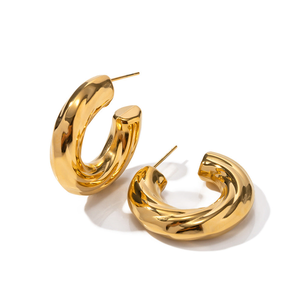 5pcs New Geometric Titanium Steel Earrings 18K Gold Plated Stainless Steel Bevel Ribbed C-Shaped Earrings For Women