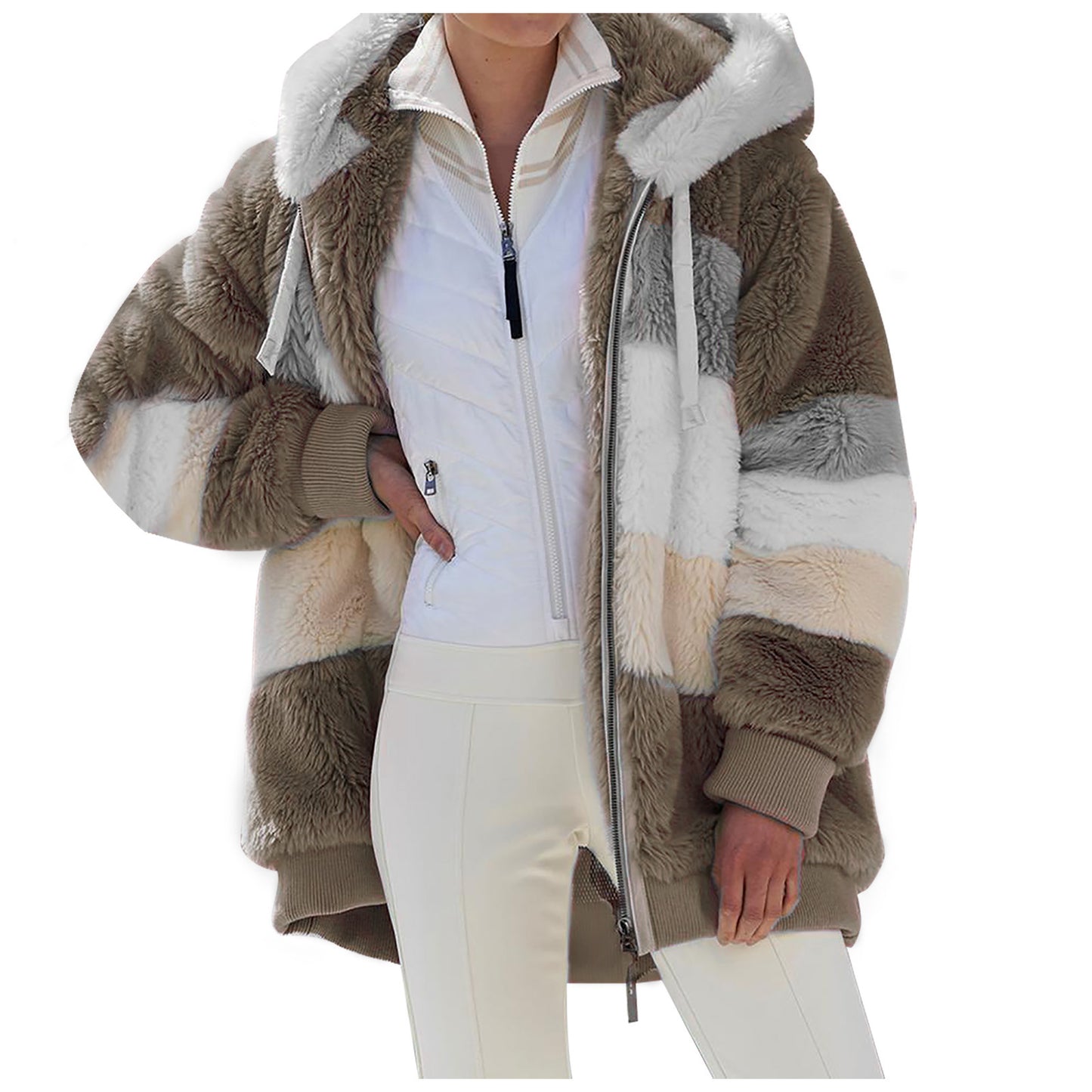 Autumn/Winter Warm Plush Patchwork Zipper Pocket Hooded Loose Coat For Women
