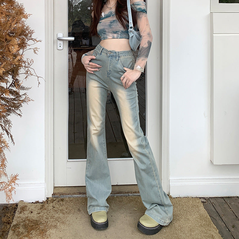 Retro Spice Micro-Cut Jeans For Women Autumn New High-Waisted Slimming All With Horseshoe Bell Bottoms